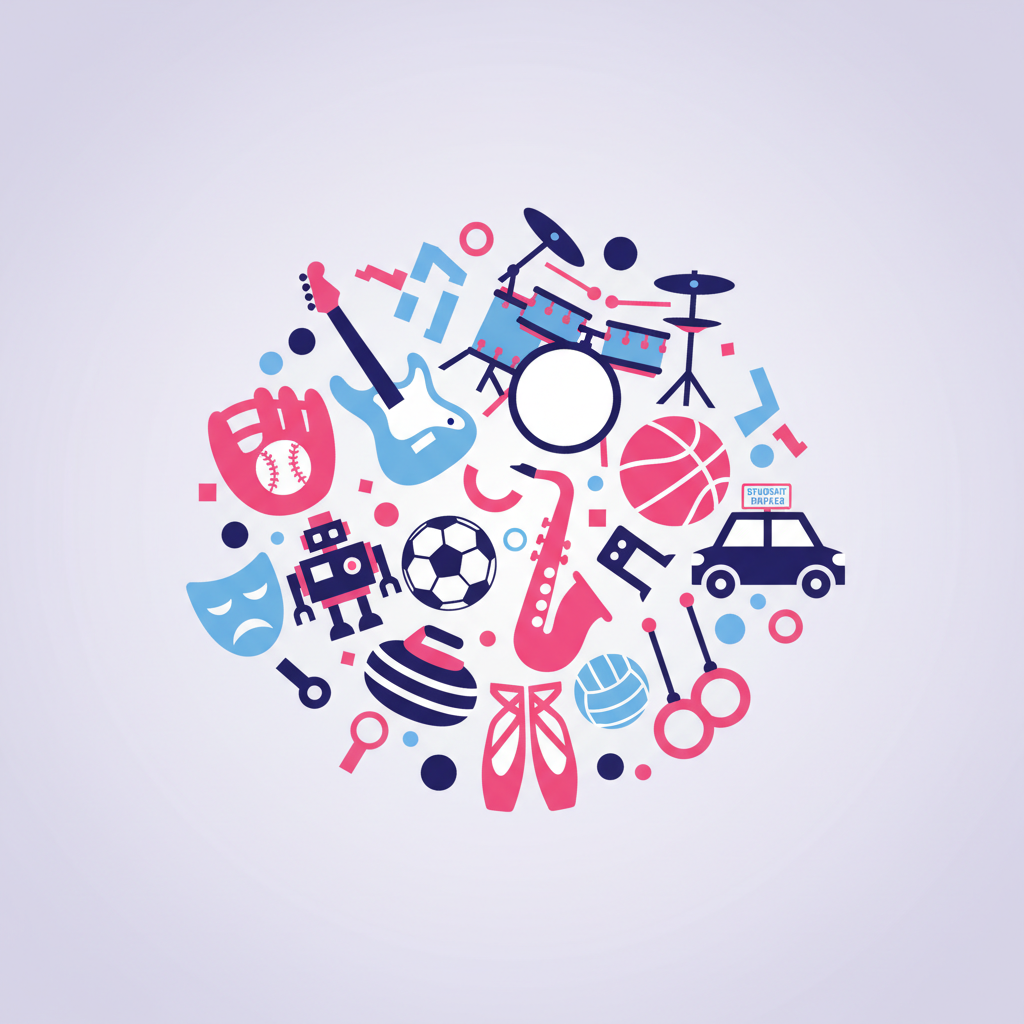 A colorful jumble of activity icons — instruments, sports gear, theater masks, robots
