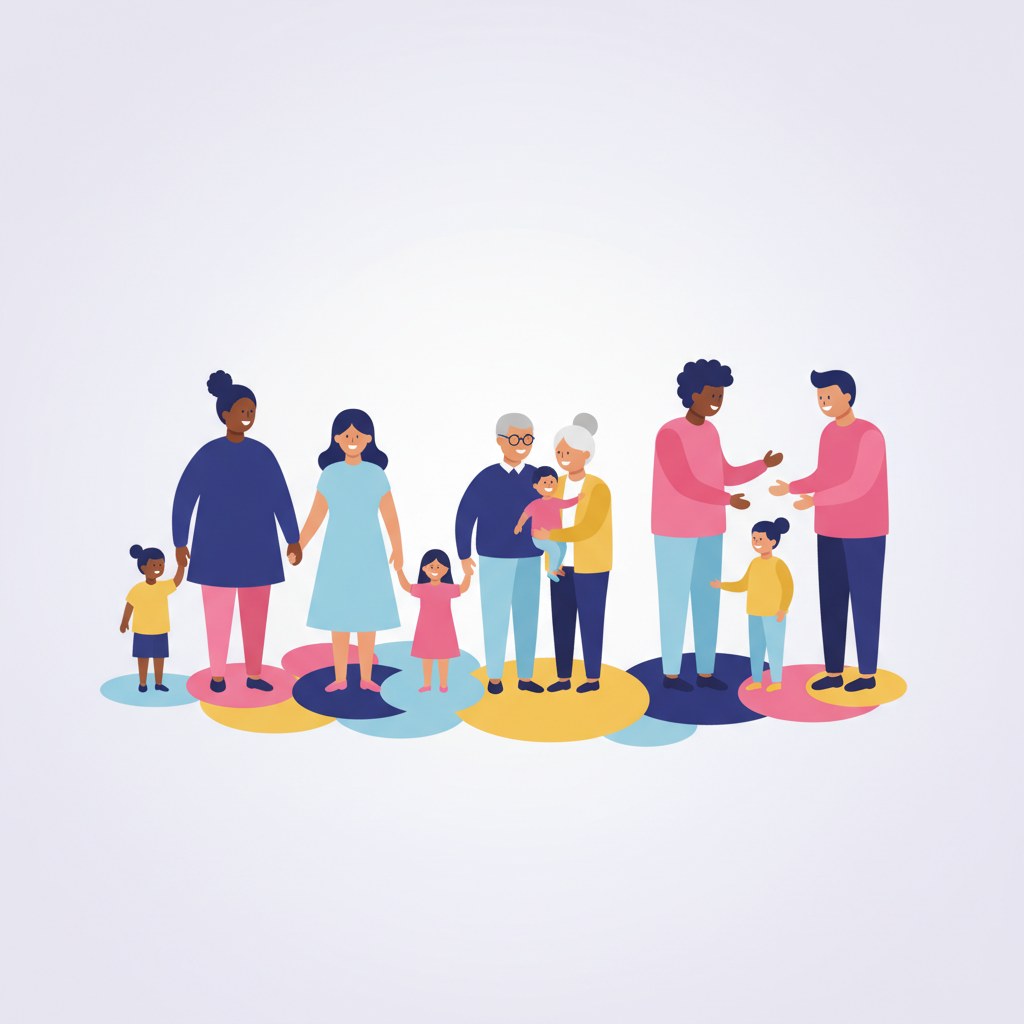 Diverse families — different ages, races, and family types together