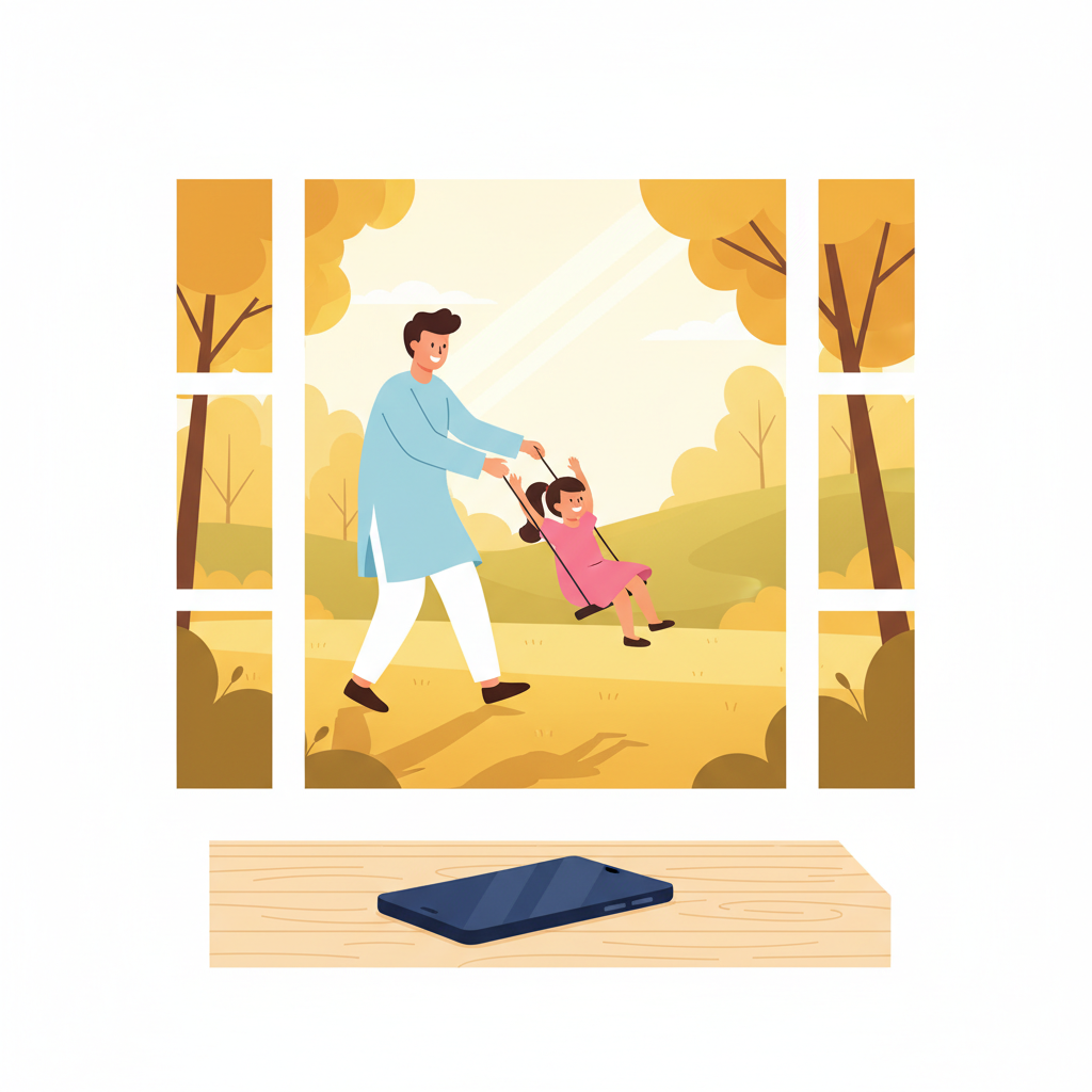 A phone face-down on a table, a parent and child playing outside through the window