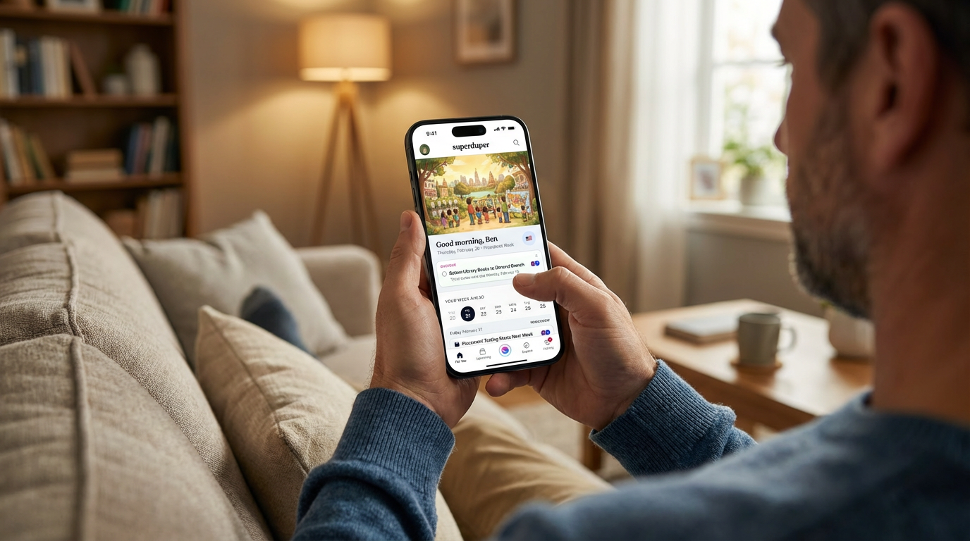 Parent relaxing on a couch while checking SuperDuper on their phone