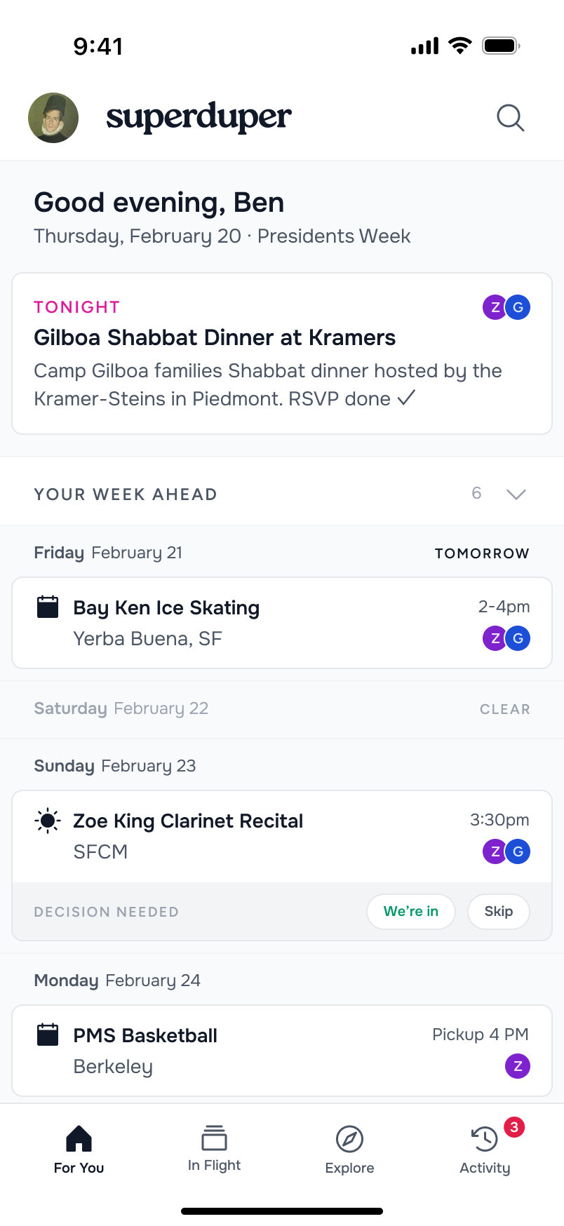 SuperDuper app showing your personalized weekly view