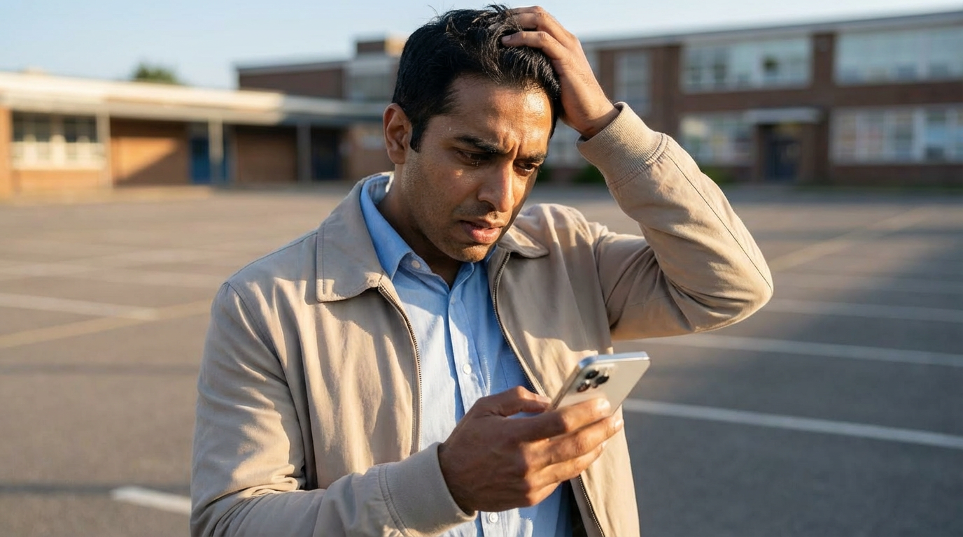Parent looking confused at phone outside a school