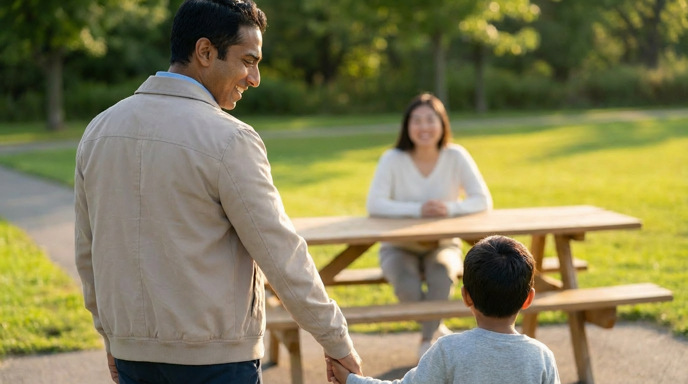 Father walking with his son toward a family picnic