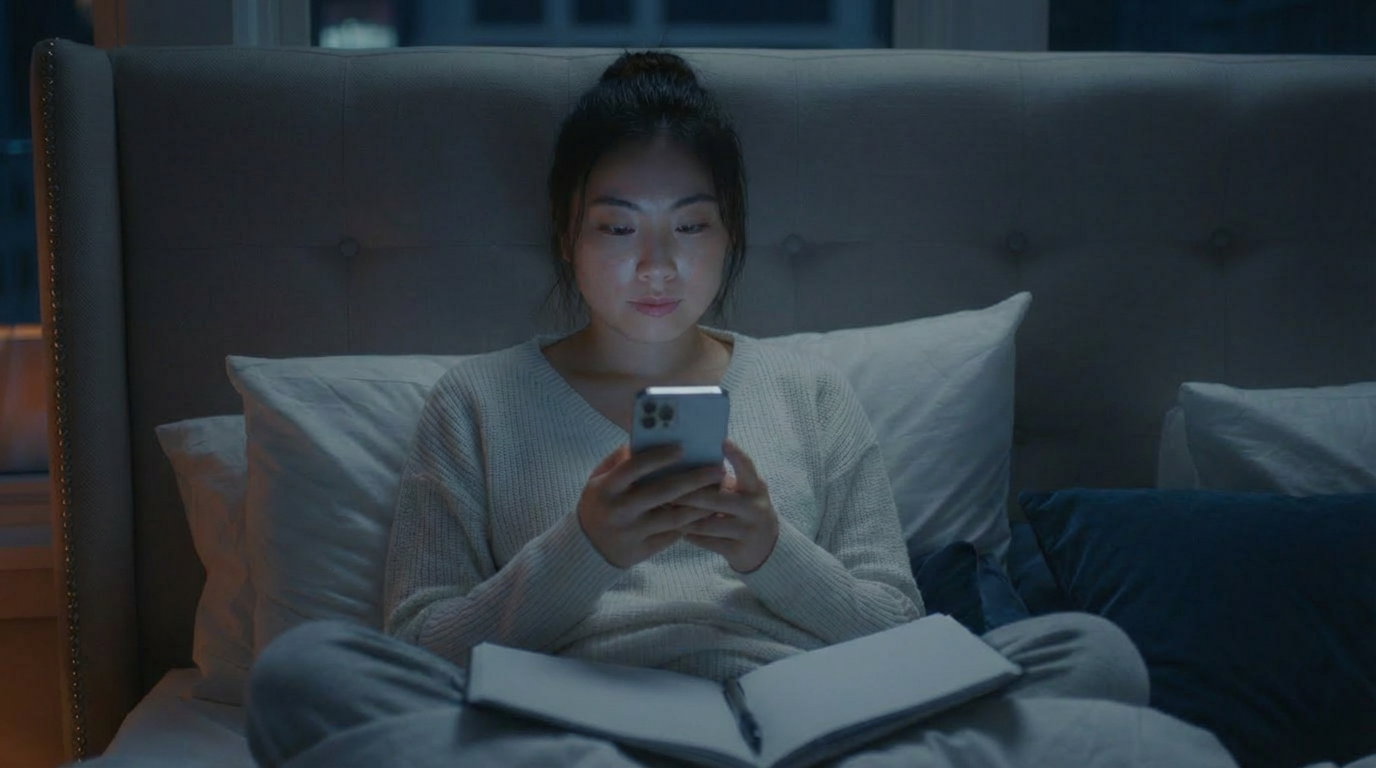 Parent scrolling through emails late at night in bed