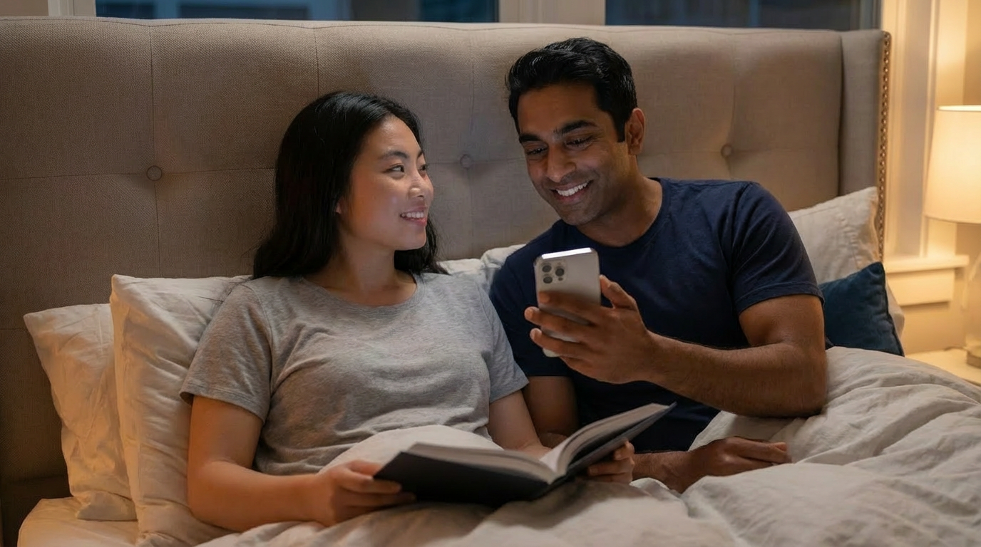 Couple relaxing together in bed, smiling at a phone