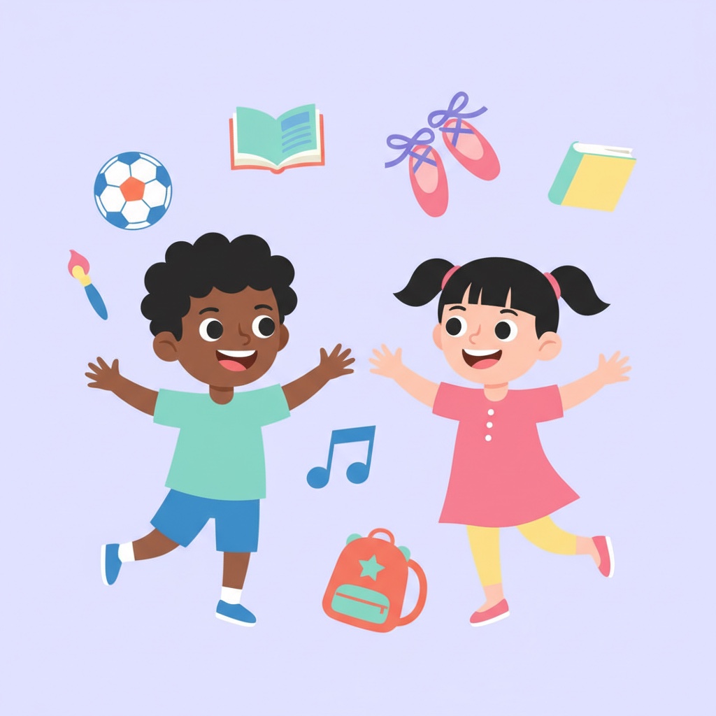 Two kids surrounded by floating activity icons
